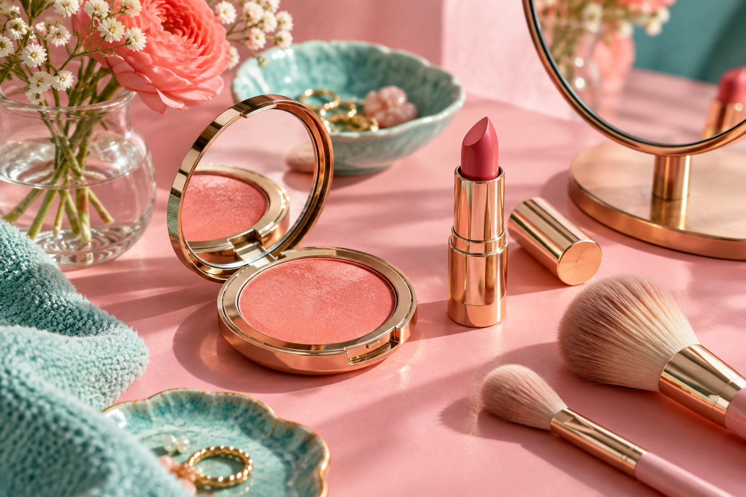 Makeup and brushes in a bright pink still life