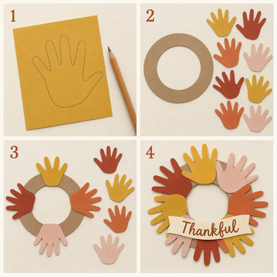 Four numbered stages for handprint autumn wreath: Use one hand outline as a template. Cut six to ten warm-colored copies and a wide paper ring. Glue the palms around the ring, with fingers pointing out. Add a thankful label and the year.