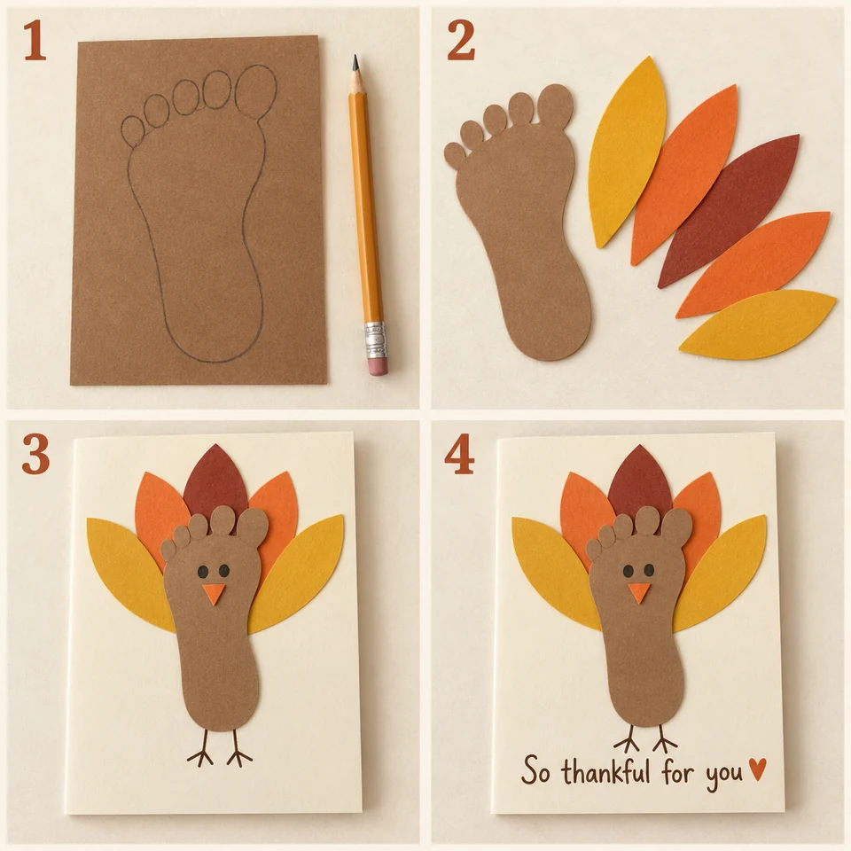 Four numbered stages for footprint turkey thank-you cards: Start with a foot outline, toes up. Cut large paper feathers to go behind the foot. Glue the shapes down and draw a face and feet. Add your thank-you message and a name.
