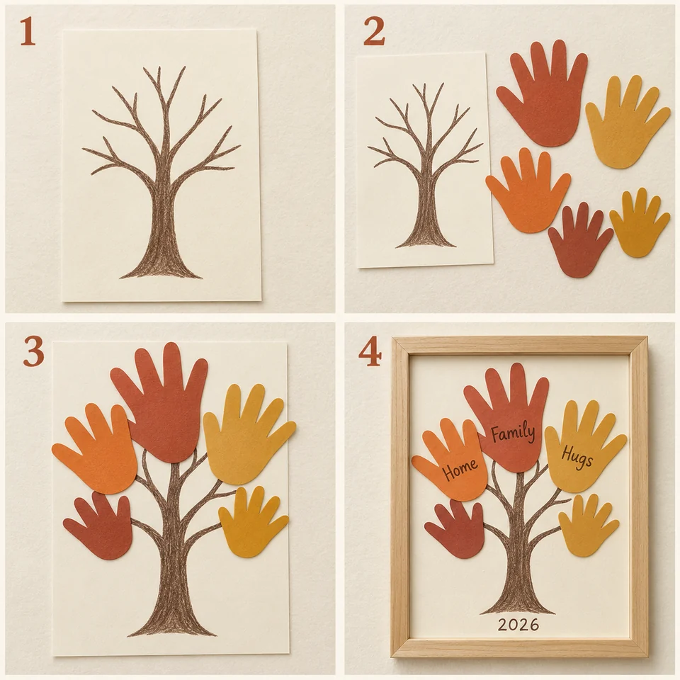 Four numbered stages for family gratitude tree: Draw a trunk and simple branches. Cut copies of small and larger hand outlines. Arrange the hands above the branches as leaves. Add thankful words, the year, and a frame.