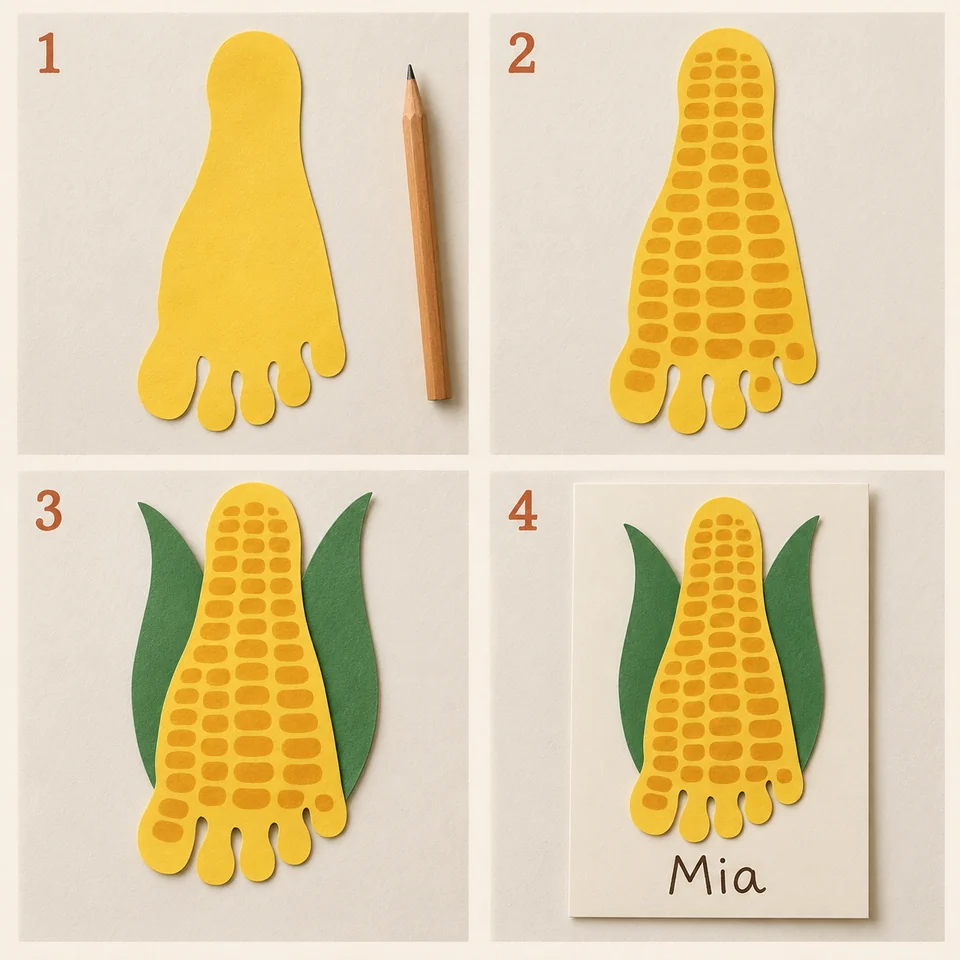 Four numbered stages for footprint harvest corn: Cut a yellow footprint with the heel at the top. Draw rows of rounded kernels. Glue two broad green husks behind the sides. Mount on cream paper and add a name.