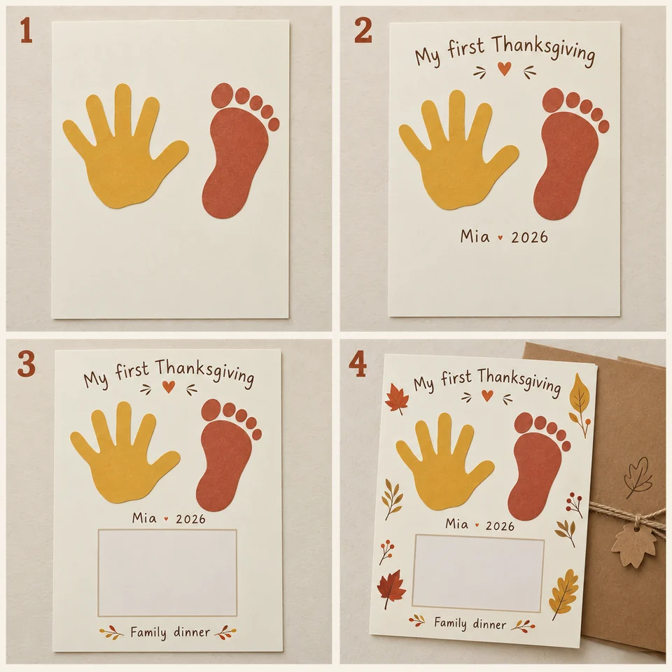 Four numbered stages for first-thanksgiving memory page: Arrange one hand and one foot outline. Add a name, age, date, and who celebrated. Leave room for a photo and one memory. Add a few drawn leaves and keep a copy.