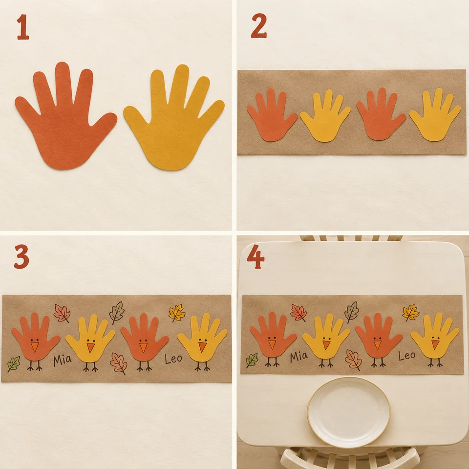 Four numbered stages for keepsake paper table runner: Make and copy a hand outline. Arrange paper copies along a strip of kraft paper. Glue them down; add names, leaves, or little turkey faces. Display the runner, then save a favorite section.