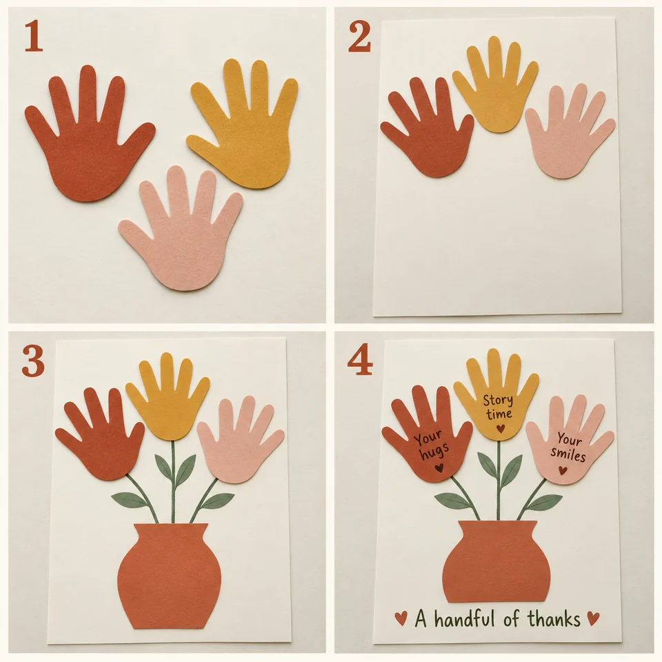 Four numbered stages for thankful handprint bouquet: Cut three to five warm-colored hand shapes. Arrange them as flower heads. Draw stems and add a paper vase. Write little thank-you notes and a title.