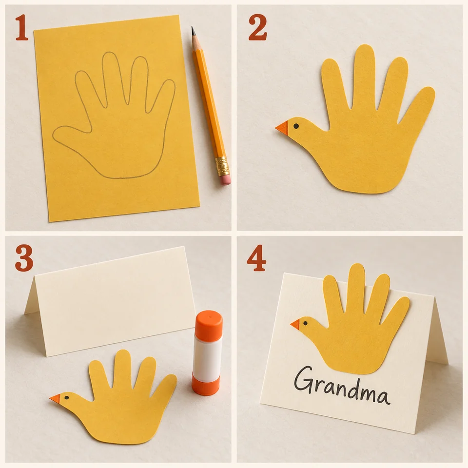Four numbered stages for handprint turkey place cards: Trace a relaxed hand or copy an existing outline. Cut the shape and draw a turkey face on the thumb. Fold a cardstock tent and position the turkey. Glue it in place and add the guest’s name.