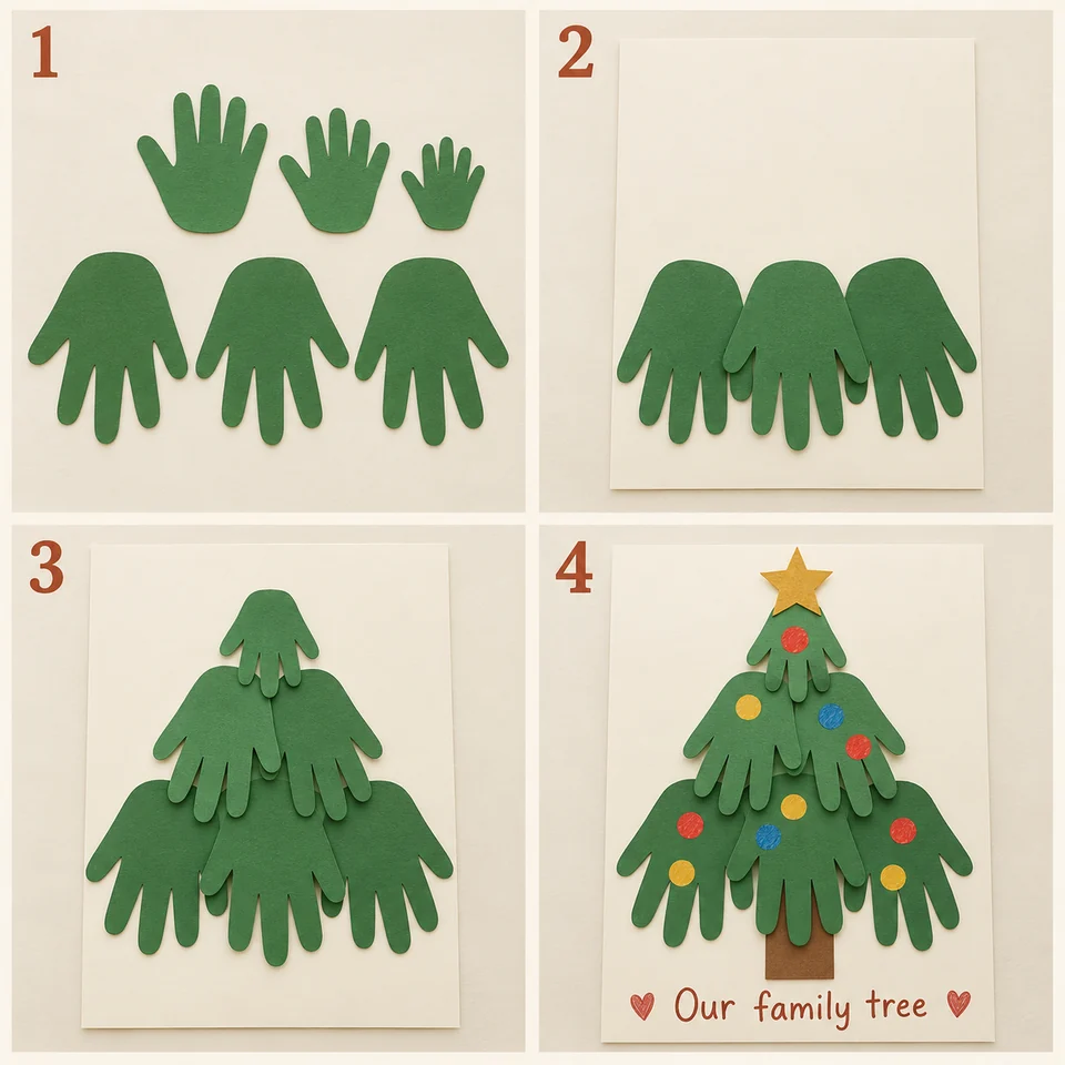 Four numbered stages for handprint family christmas tree: Cut green hand outlines in two sizes. Arrange a broad bottom row, fingers pointing down. Overlap smaller hands above to make a triangle. Add a trunk, paper star, and drawn decorations.