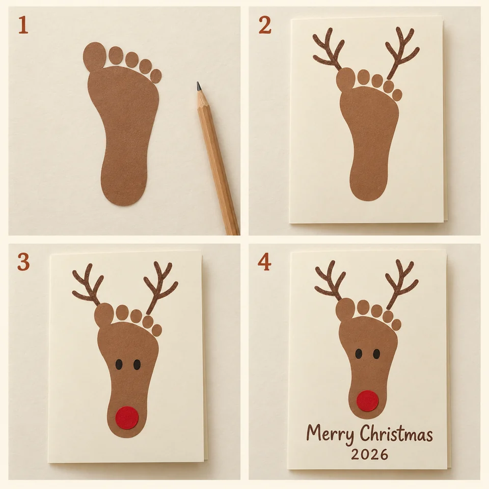 Four numbered stages for footprint reindeer: Cut a brown footprint, with toes at the top. Mount it and draw antlers above the toes. Draw two eyes and a red nose near the heel. Add a Christmas message, name, and year.