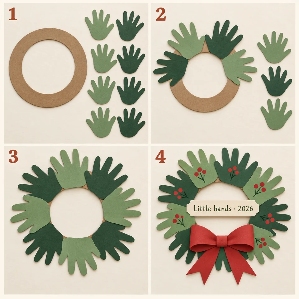 Four numbered stages for handprint christmas wreath: Cut a wide paper ring and green hand copies. Glue the palms to the ring, fingers pointing out. Overlap the hands to cover the backing. Add a paper bow and drawn berries.