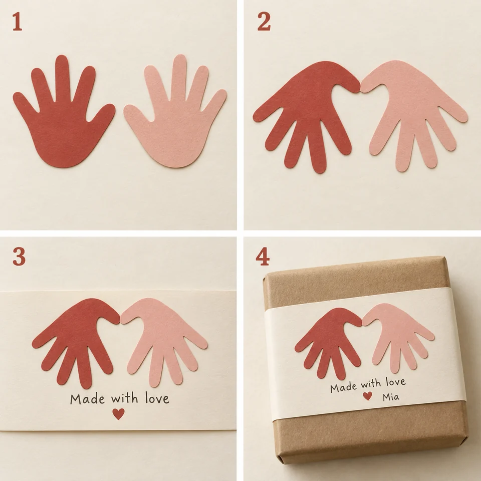 Four numbered stages for handprint-heart gift wrap: Cut two mirrored hand shapes. Angle the fingers down and outward, thumbs meeting above. Glue the pair onto a wide paper gift band. Wrap the band around a box and add your message.