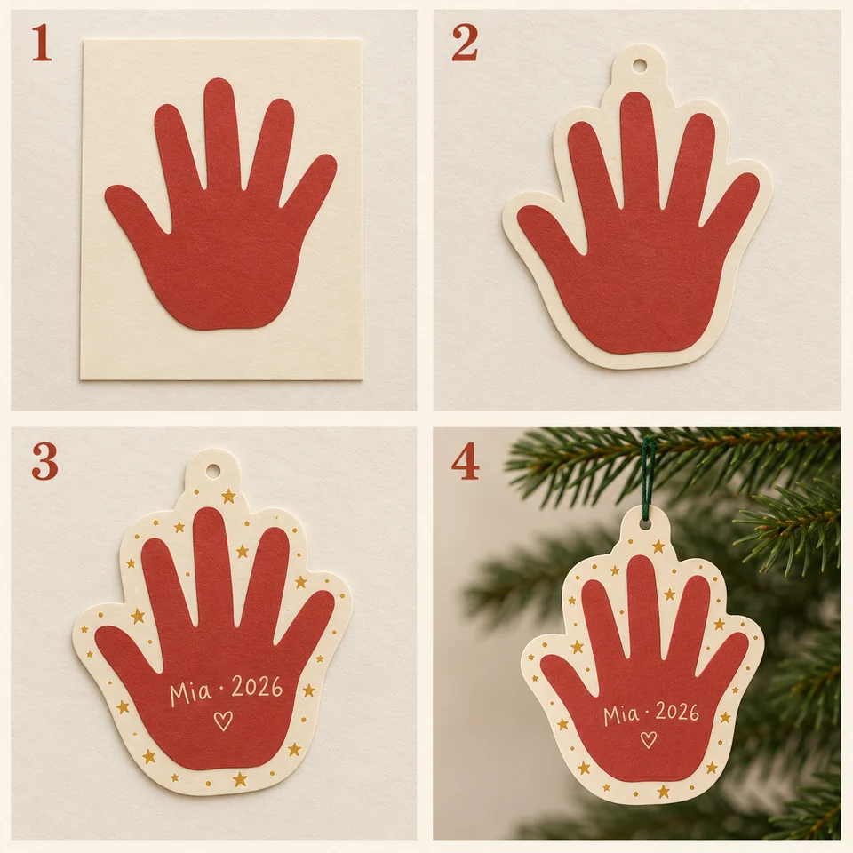 Four numbered stages for paper keepsake ornament: Mount a copied hand outline on sturdy card. Cut around it, leaving a broad border. Add drawn stars, a name, and the year. An adult adds a short loop for a high display.