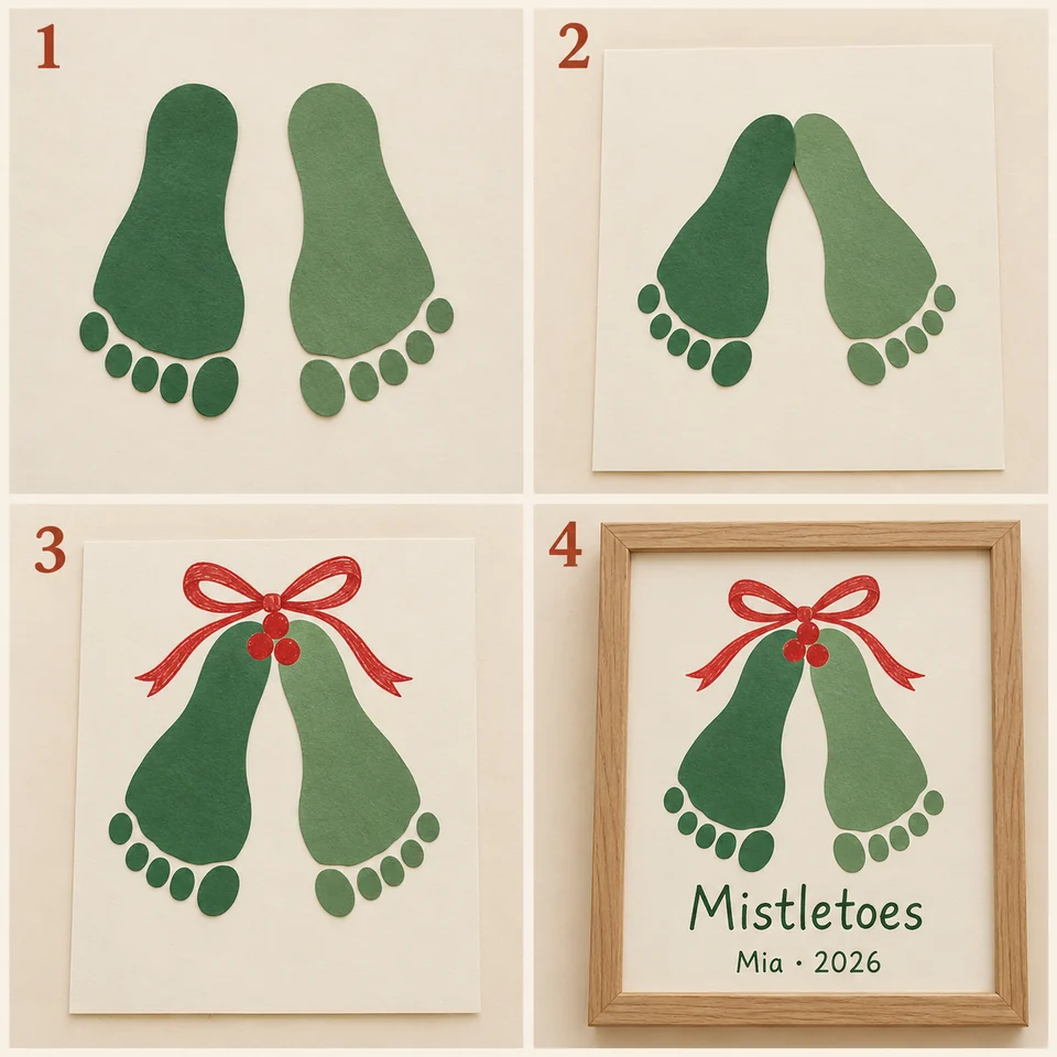 Four numbered stages for mistletoes footprint art: Cut two green foot outlines. Angle the feet outward, heels meeting at the top. Draw a red bow where the heels meet. Add “Mistletoes,” a name, and the year.