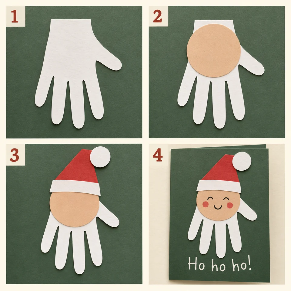 Four numbered stages for handprint santa beard: Cut a white hand outline and turn the fingers down. Glue a paper face circle over the upper palm. Add a large red triangle hat and paper circle. Draw a face and mount on a card.