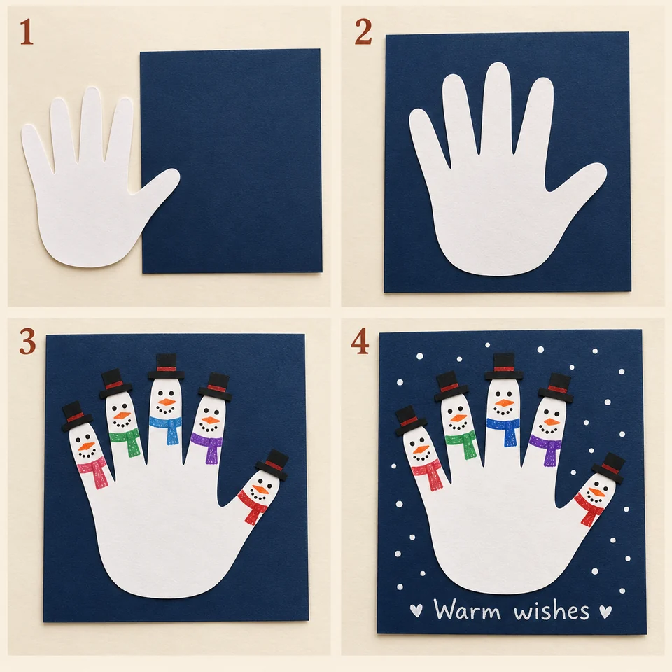 Four numbered stages for five little snowpeople: Cut one white hand silhouette. Glue it to navy card with the fingers up. Draw one snowperson on each of the five digits. Add a winter greeting below the snowy palm.