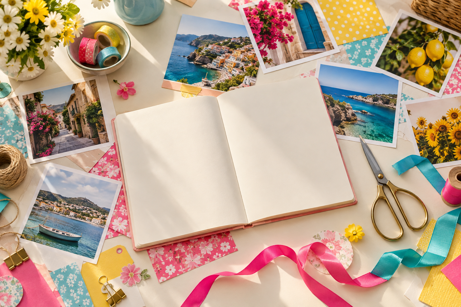 A creative workspace with paper, ribbon, and keepsake photos