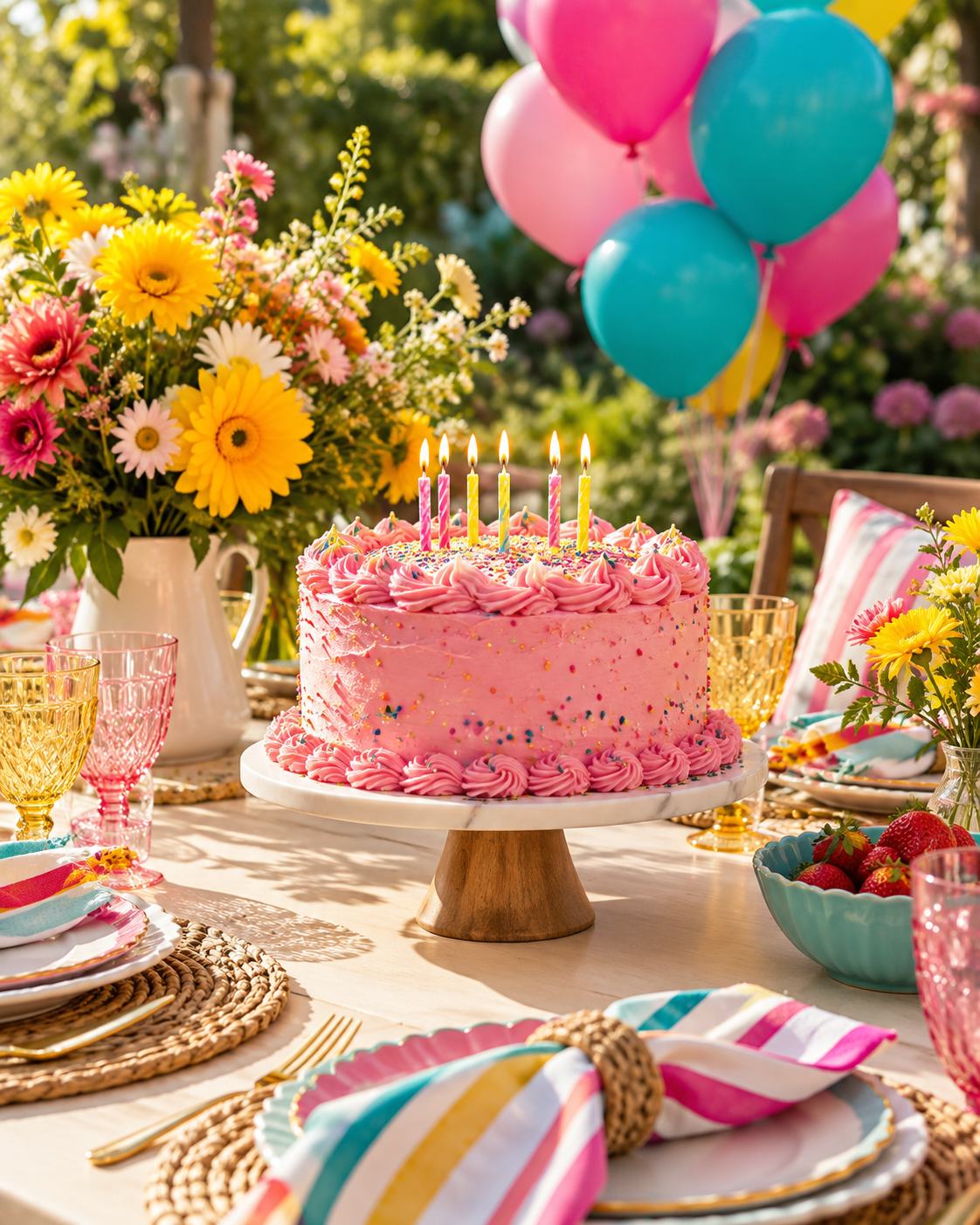 Colorful cake table with pink and turquoise balloons