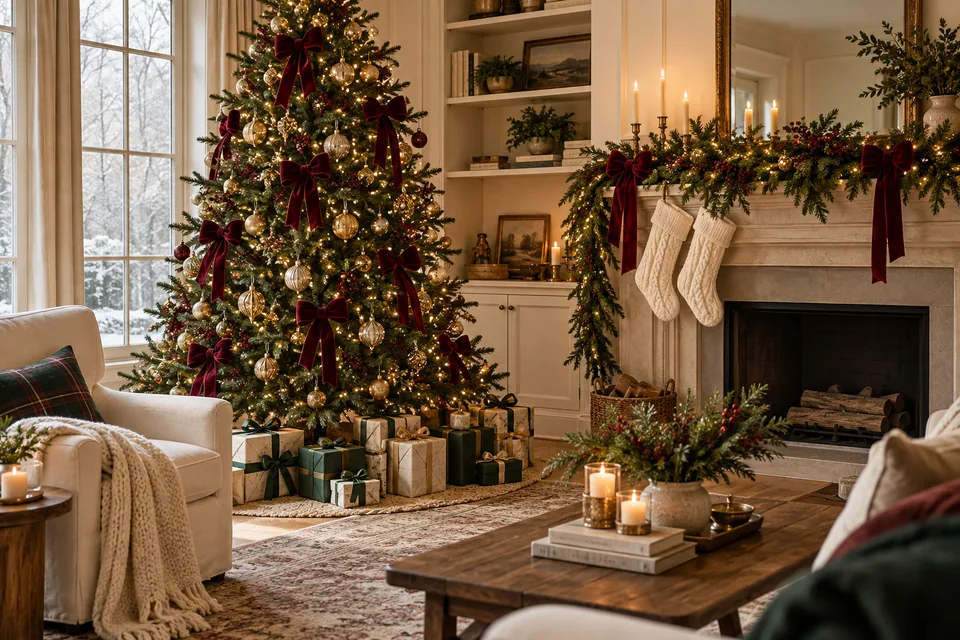 A Christmas tree and mantel dressed with velvet bows, warm lights, and evergreen garlands