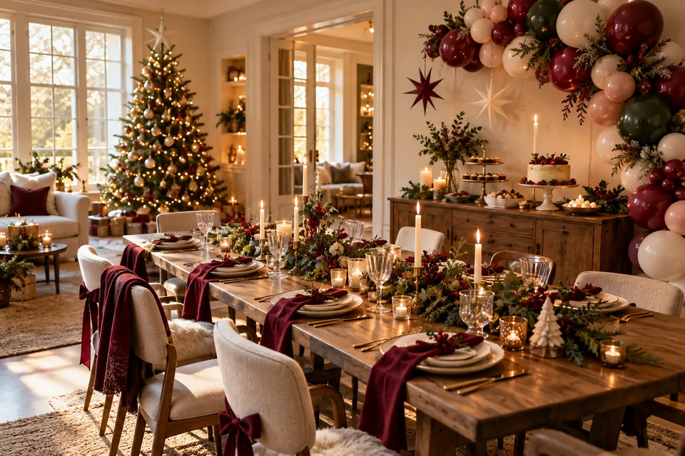 An inviting Christmas party table and dessert station with cranberry, cream, and green balloons