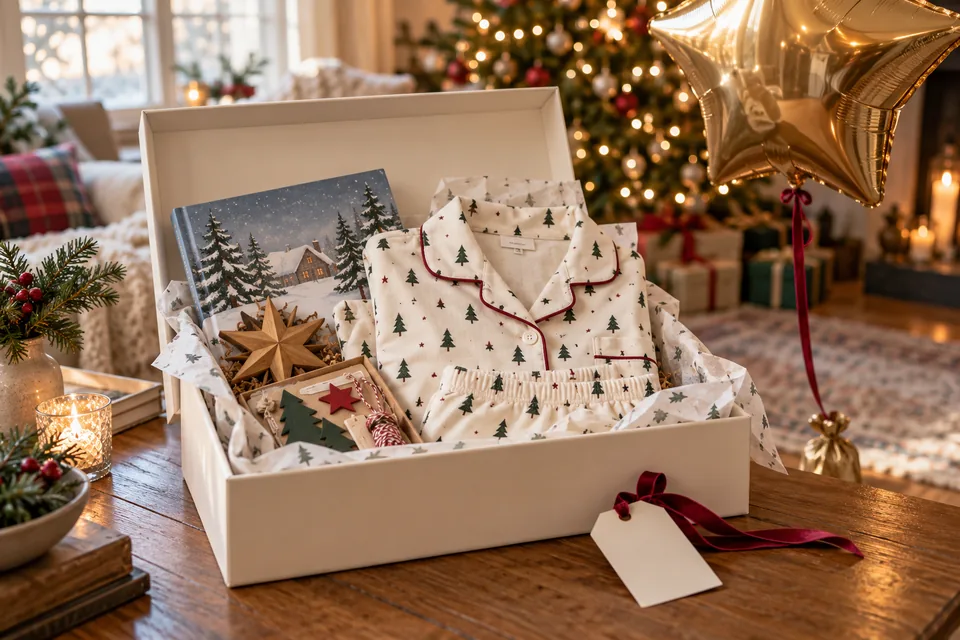 An open Christmas Eve box with tree-print pajamas, a storybook, a craft kit, a wooden star ornament, and a gold balloon