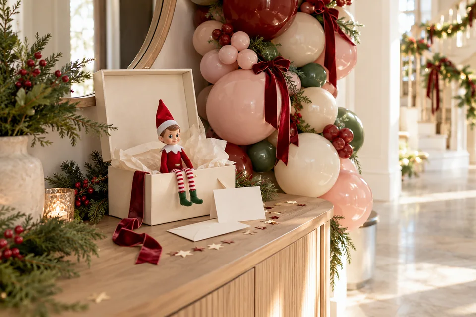 A little elf arrival scene with a keepsake box and festive balloon display