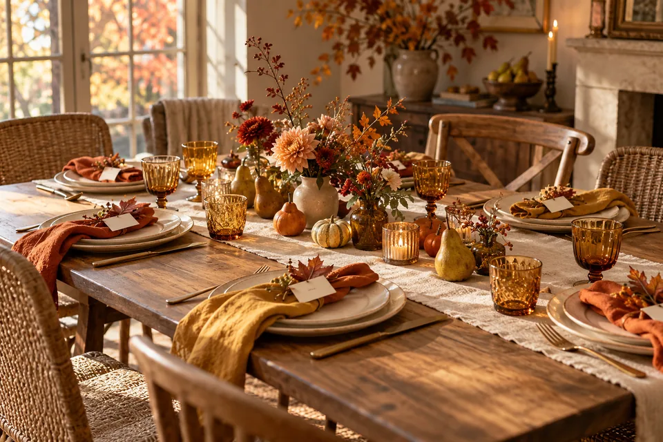 A Friendsgiving table with amber glasses, autumn napkins, small pumpkins, and low flowers
