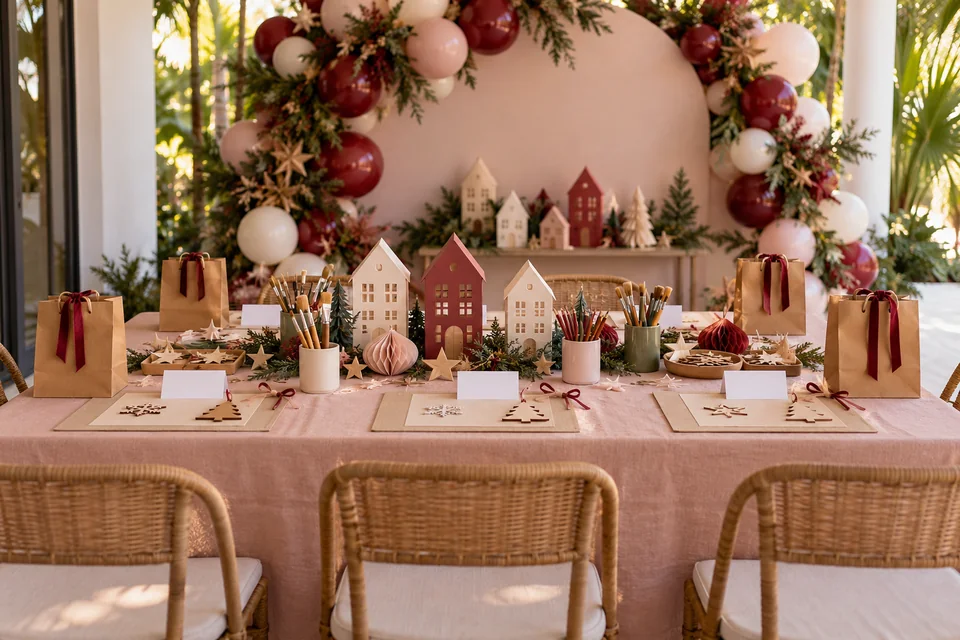 A Christmas craft table with paper houses, ornaments, and individual craft supplies