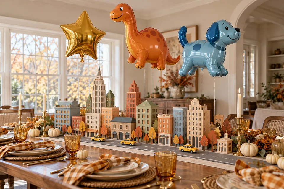 Foil star, dinosaur, and dog balloons floating above a miniature city and toy taxis on a Thanksgiving table