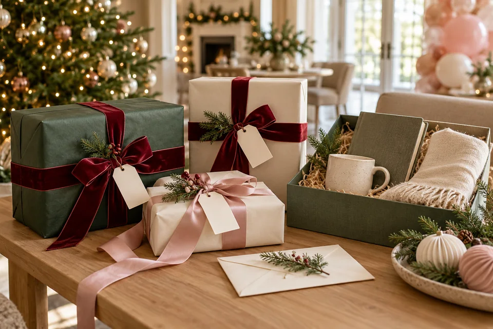 Thoughtful holiday gifts in ivory and evergreen wrapping with velvet bows and a curated hamper