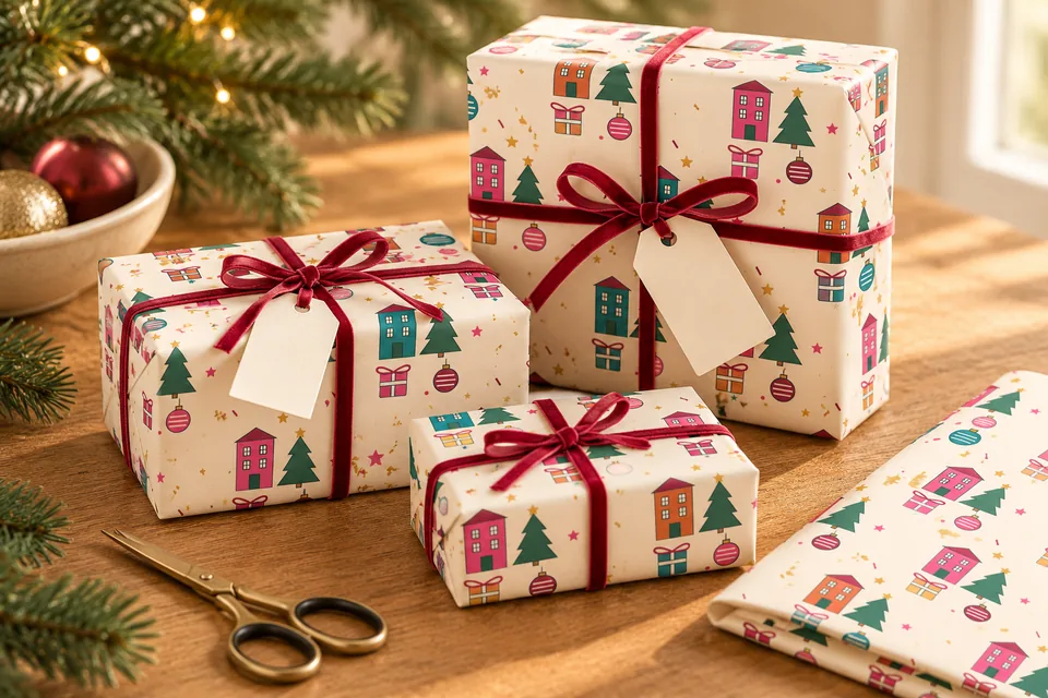 Small presents wrapped in CreativeMama-inspired colorful Christmas village paper and cranberry ribbon