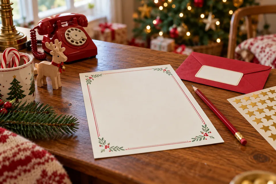 A festive Santa letter-writing station with an ivory letter, red envelope, pencils, and a red telephone