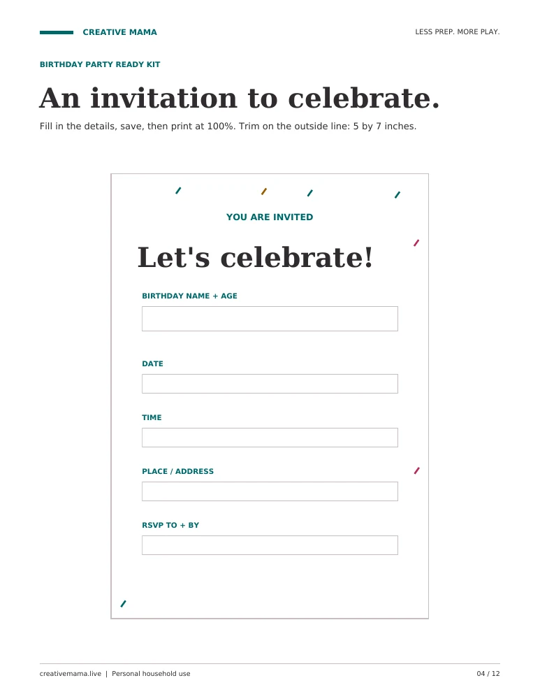 Actual printable page from Birthday Party Ready Kit