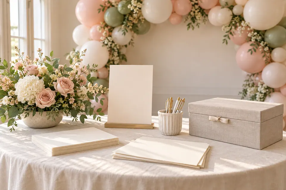 Baby shower wishes cards and a keepsake box near a balloon backdrop