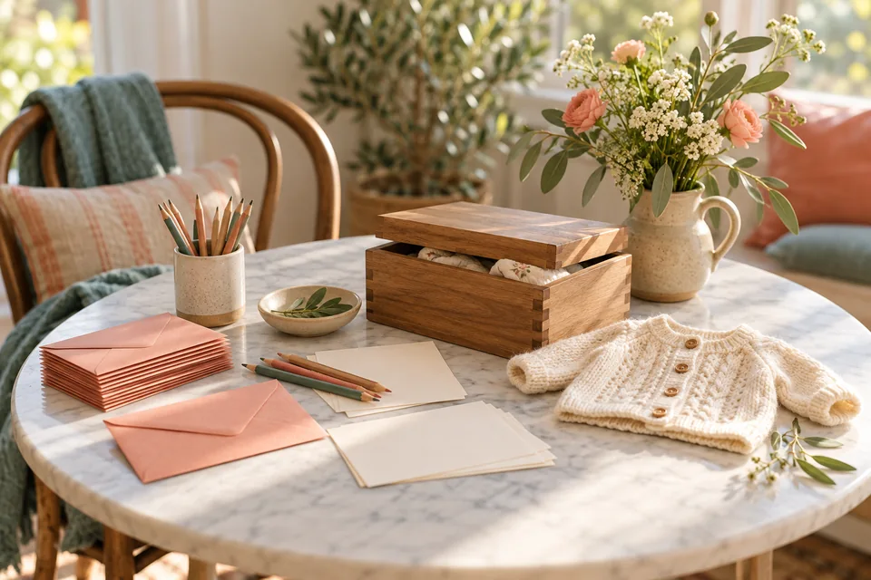 Blank wishes cards, a wooden keepsake box and a knitted cardigan at a baby shower.
