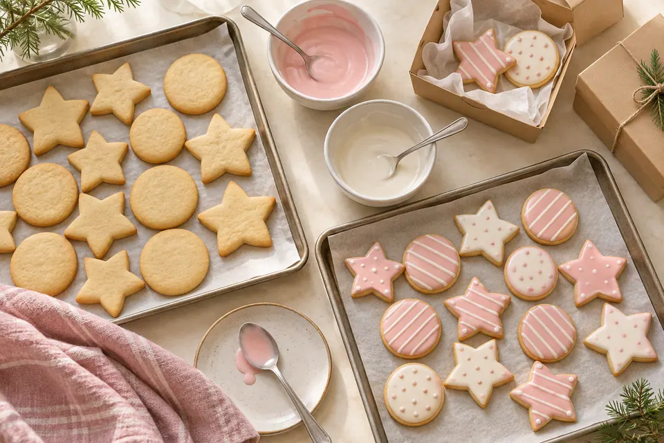 Plain and simply iced cookies with icing bowls and take-home boxes