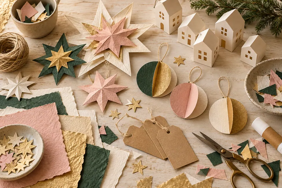 Paper stars, handmade circle ornaments, gift tags, and a little paper village