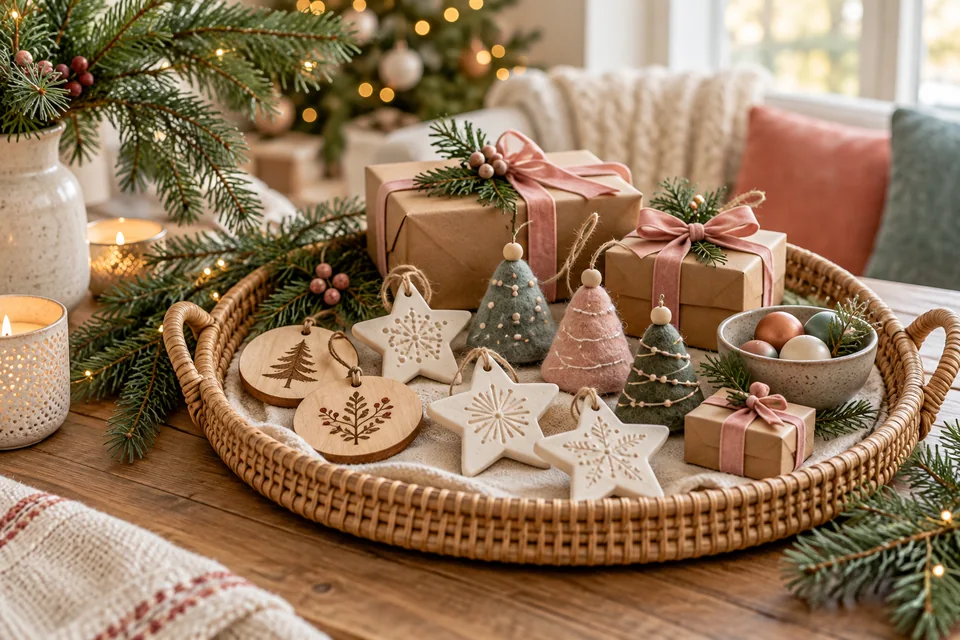 Handmade felt trees, clay stars and wooden ornaments arranged for a holiday swap.