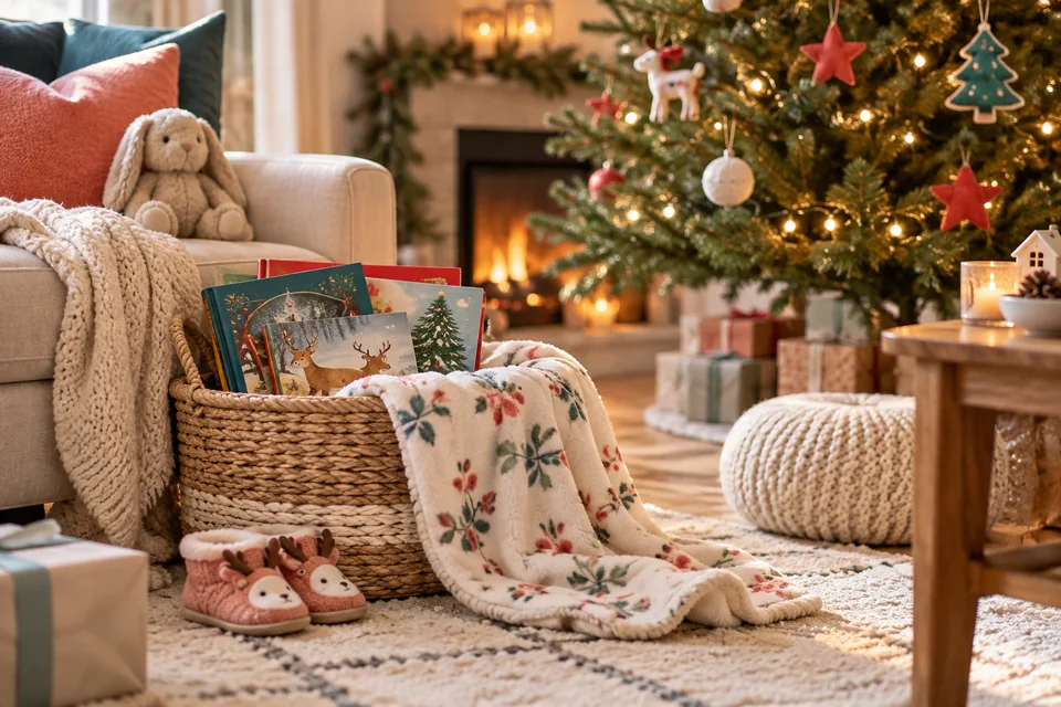 Festive picture books, a soft baby blanket and toddler slippers beside a Christmas tree.