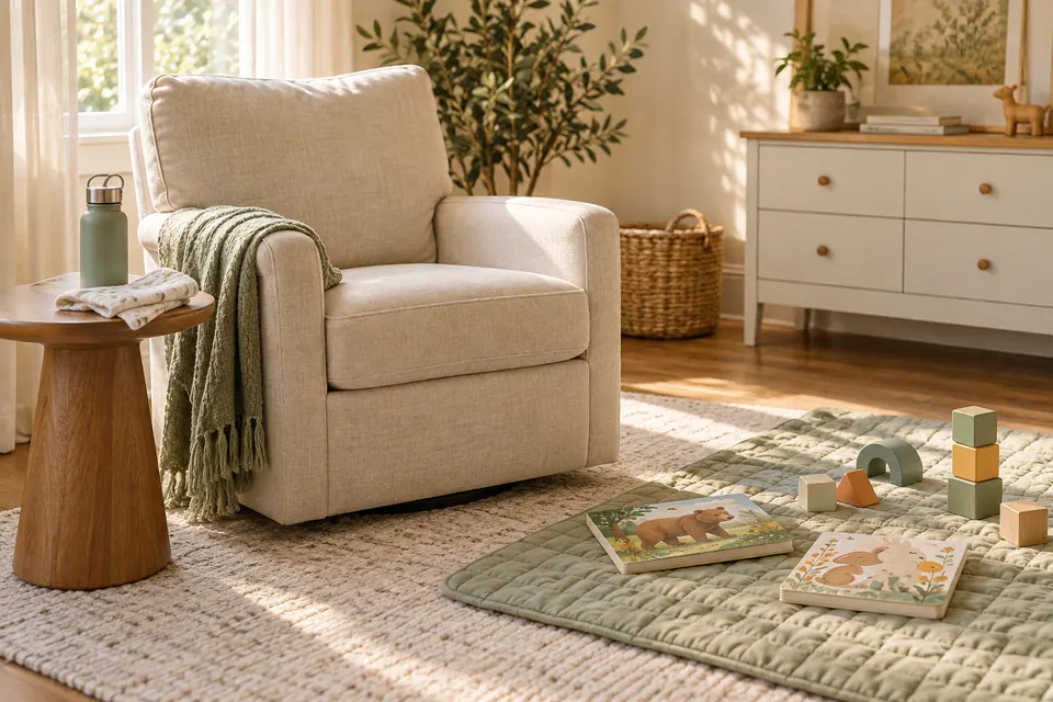 A comfortable chair and adult side table beside a separate toddler activity mat