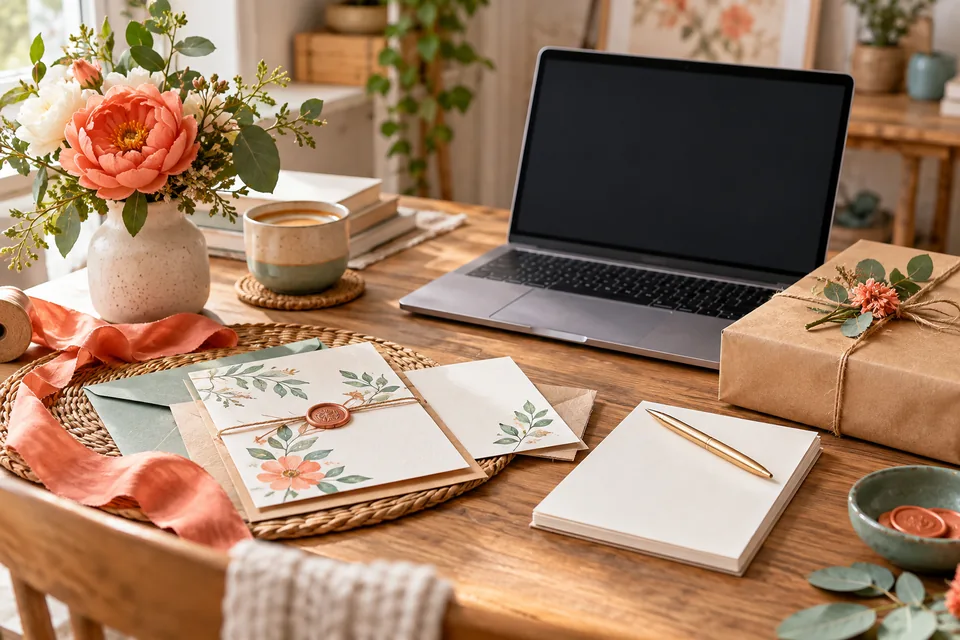 A handmade invitation set, planning notes and a wrapped first order on a home desk.