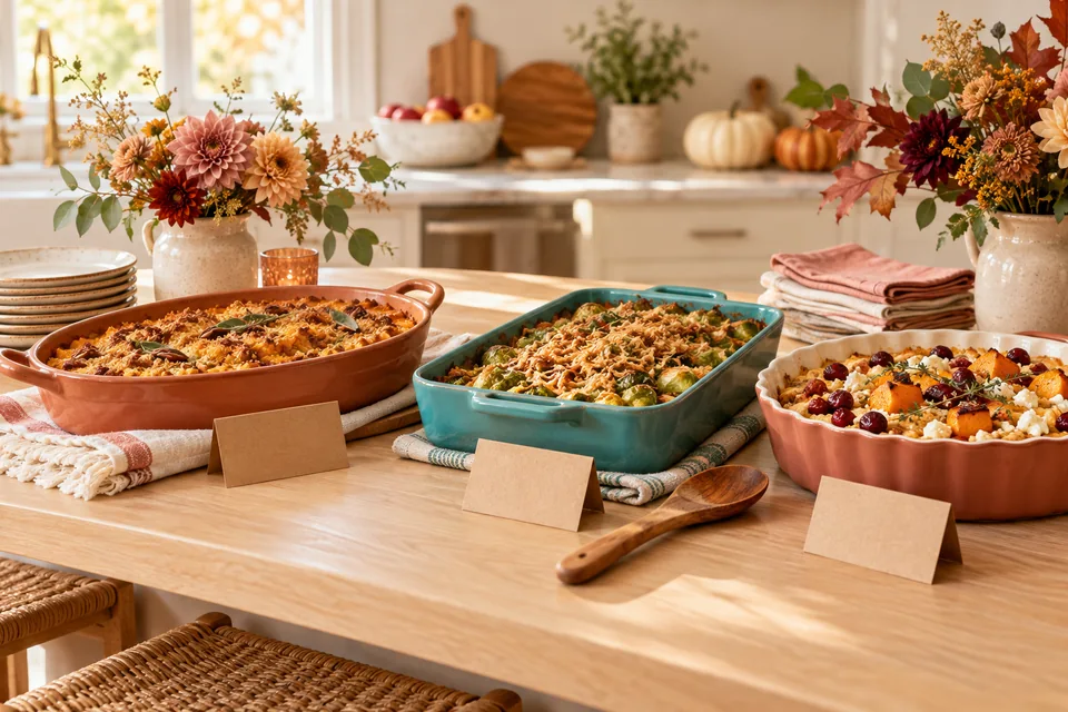 Casseroles, serving dishes and blank food labels on a sunny autumn potluck table.