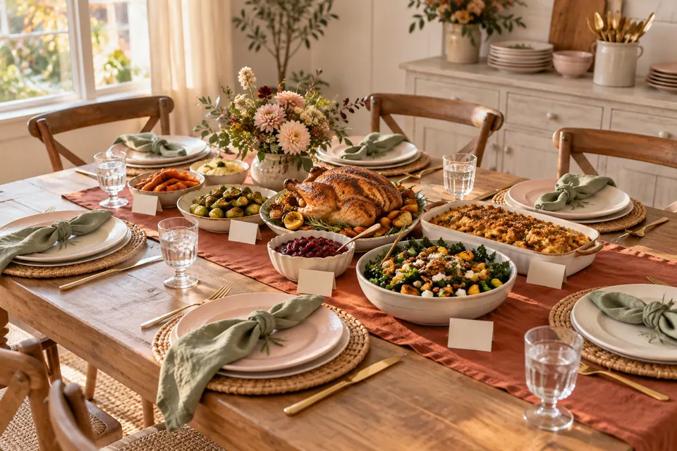 A small Friendsgiving table with serving dishes and blank food labels
