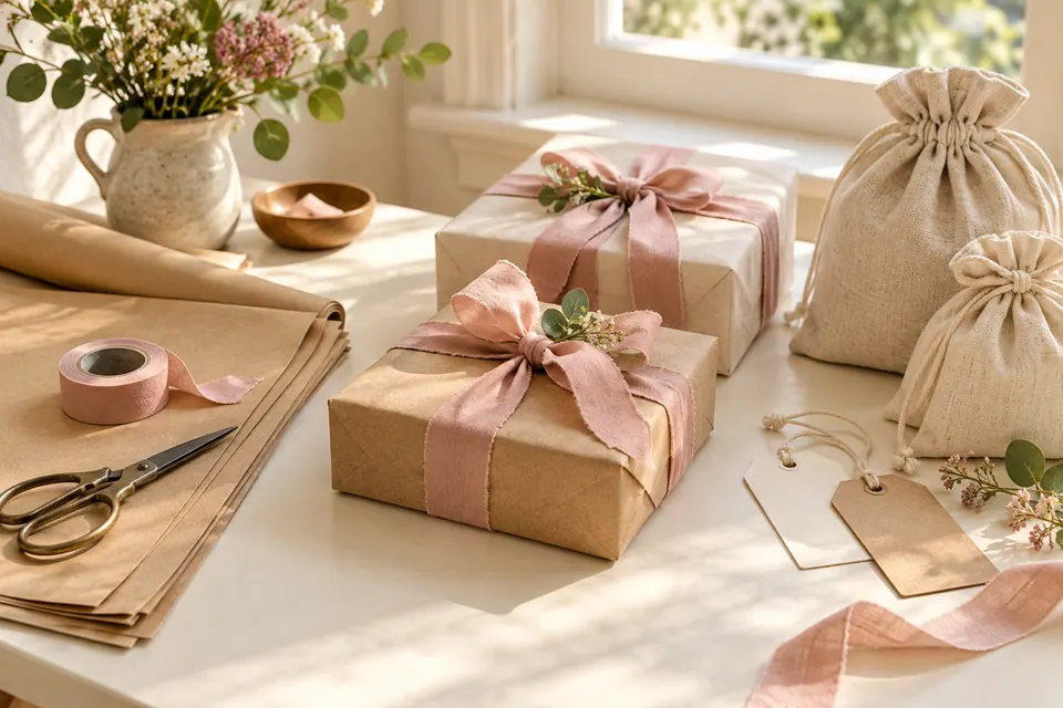 Gift-wrapping supplies, wrapped boxes, blank tags, and fabric gift bags