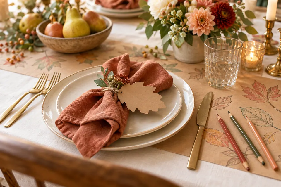 Leaf-shaped place card on an ivory plate beside a decorated kraft-paper runner