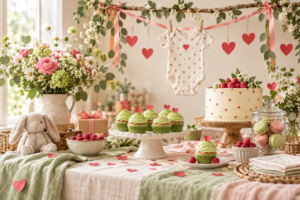 A green and pink baby shower dessert table decorated with red paper hearts.