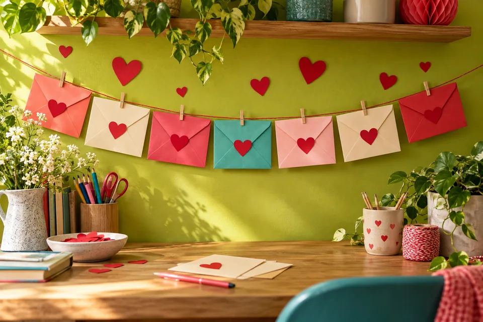 A handmade garland of green envelopes, red paper hearts and blank kindness cards.