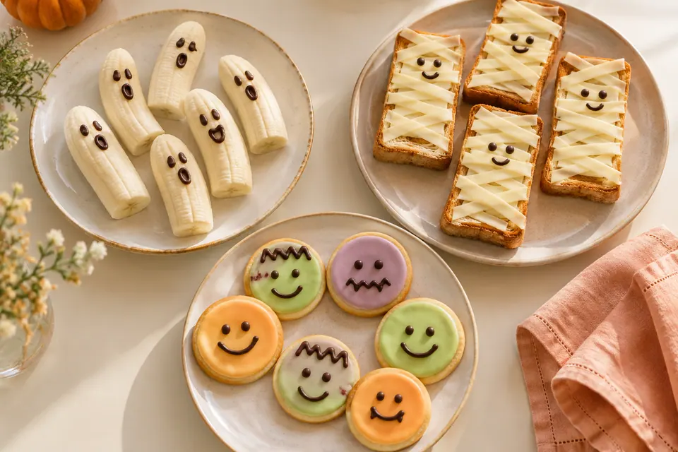 Banana ghosts, cheese-strip mummy toast, and smiling iced cookies
