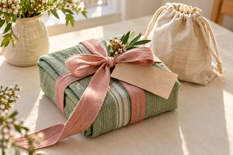 A towel-wrapped gift with a blank note card and reusable fabric bag