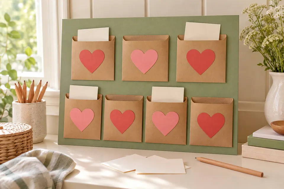 A handmade board with seven paper pockets decorated with hearts