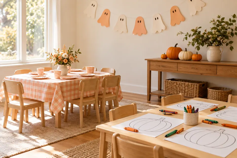 A gentle Halloween party setup with paper ghosts and pumpkin drawing activities