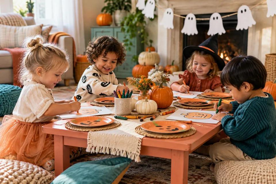 A low party table with smiling paper ghosts, pumpkin place settings and drawing supplies.