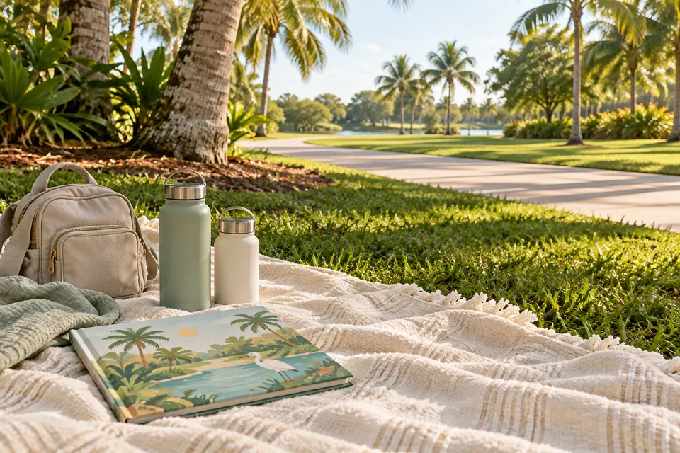 A shaded palm-lined park picnic setup with a backpack and children’s book